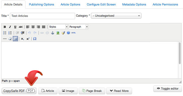 Upload protected PDF from the Joomla editor