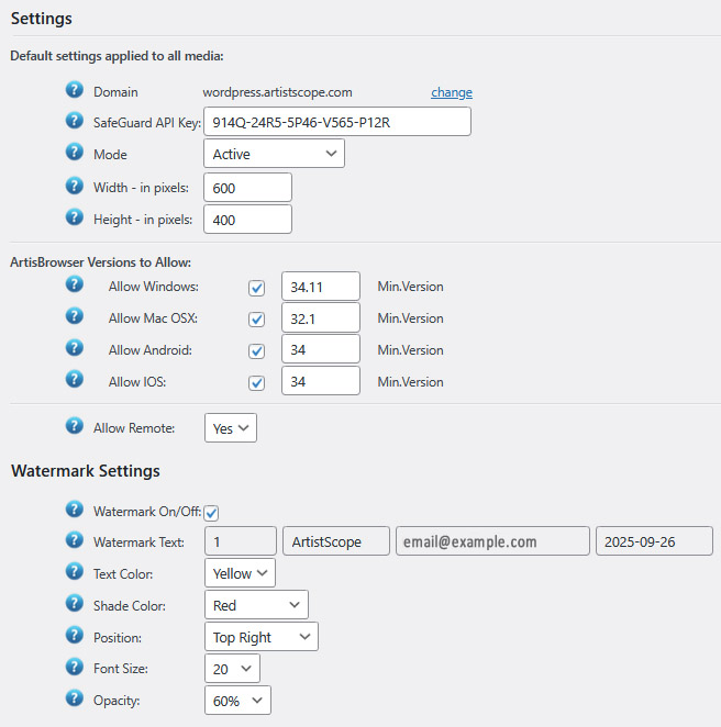 WordPress plugin settings for Safeguard Media