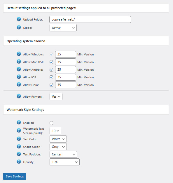 CopySafe Web settings for WordPress plugin
