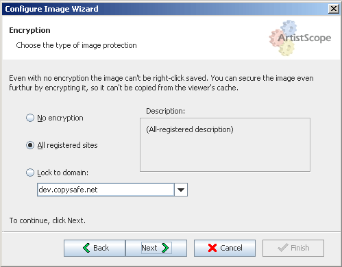Use the wizard to set the level of your image encryption and donain lock